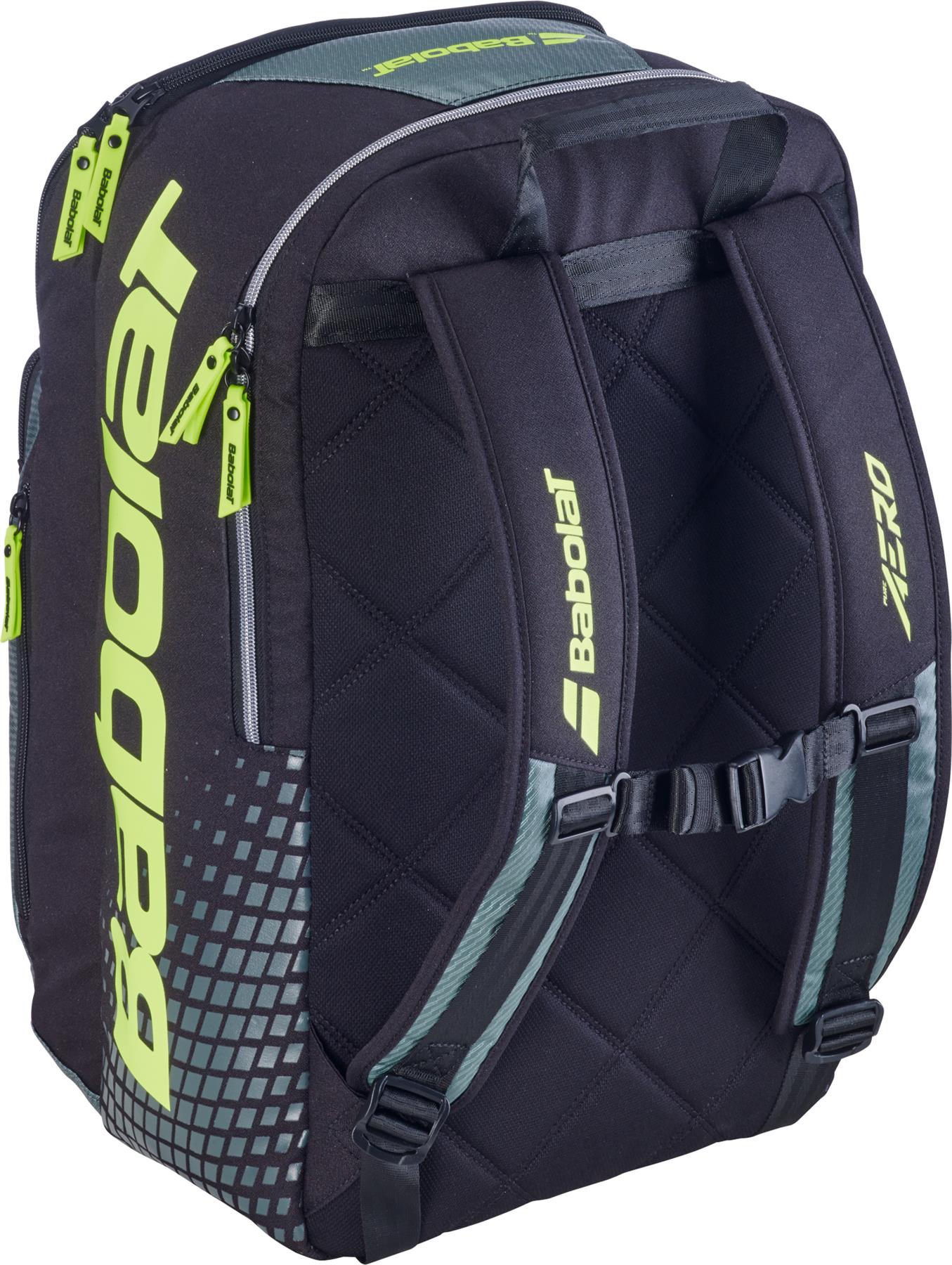The Babolat Pure Aero 2026 Badminton Backpack in grey/yellow features quilted back padding, adjustable shoulder straps, and the yellow Babolat logo printed on the side and straps for a stylish look.