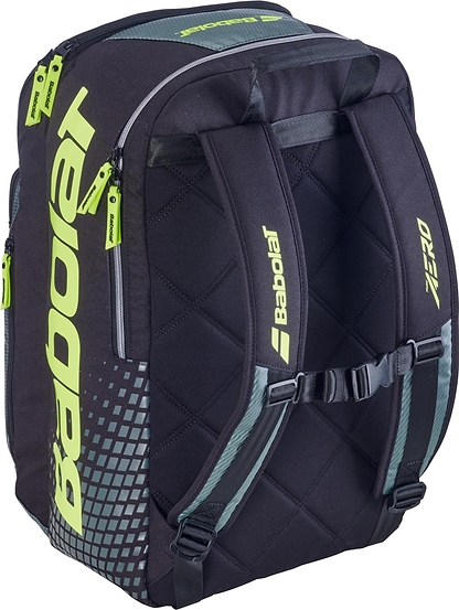 The Babolat Pure Aero 2026 Badminton Backpack in grey/yellow features quilted back padding, adjustable shoulder straps, and the yellow Babolat logo printed on the side and straps for a stylish look.