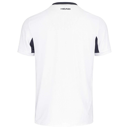 The image shows the back view of the HEAD Slice Men's Badminton T-Shirt in white. This short-sleeve t-shirt features the "HEAD" logo in black near the neckline and includes dark accents on the sides to enhance breathability and improve air circulation.