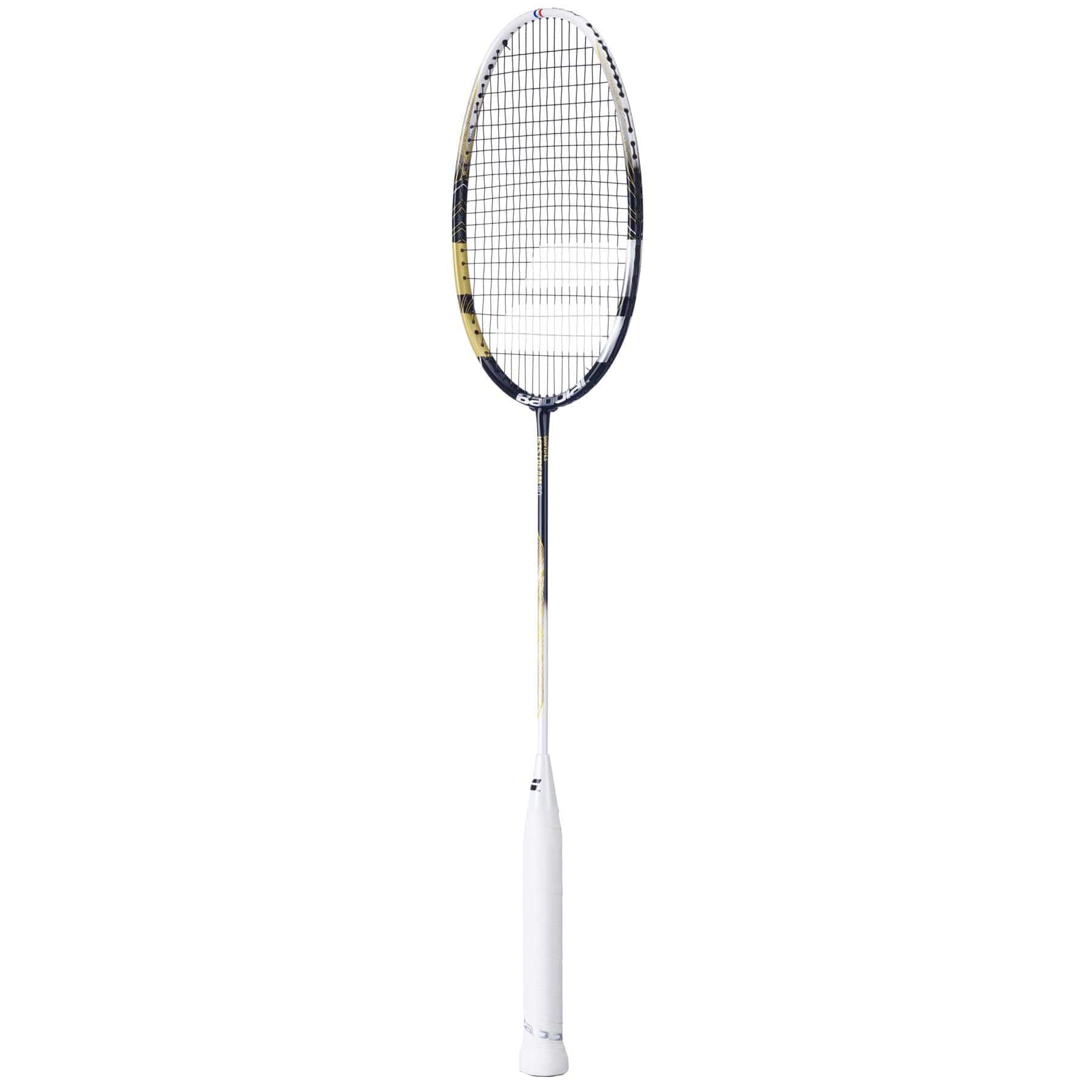 The Babolat Jetstream 80 4U Badminton Racket, in gold and black, features a sleek design with enhanced aerodynamics for improved maneuverability, making it perfect for competitive play.