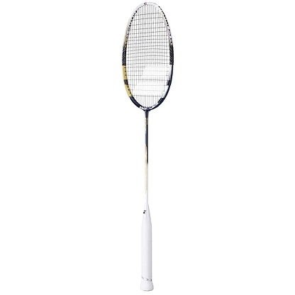 The Babolat Jetstream 80 4U Badminton Racket, in gold and black, features a sleek design with enhanced aerodynamics for improved maneuverability, making it perfect for competitive play.