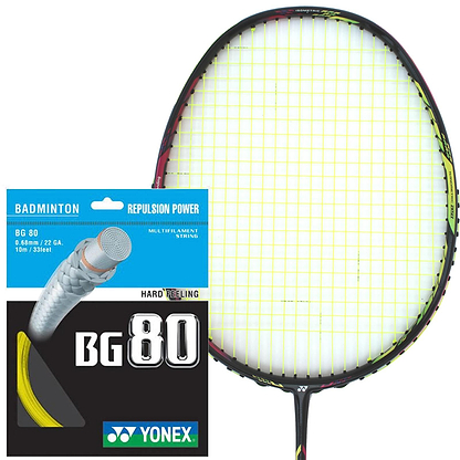 A Yonex badminton racket with BG 80 Yellow string is shown beside a Yonex BG 80 Badminton String Yellow - 0.68mm 10m Packet, highlighting high repulsion power and featuring an image of the coiled string and its details.