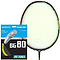 A Yonex badminton racket with BG 80 Yellow string is shown beside a Yonex BG 80 Badminton String Yellow - 0.68mm 10m Packet, highlighting high repulsion power and featuring an image of the coiled string and its details.
