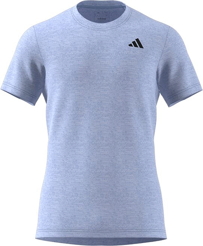 This adidas Men's Freelift Badminton T-Shirt in Blue Dawn features a light blue color with a black triangular logo on the right chest. Designed for active men, it incorporates AEROREADY technology to manage moisture effectively. The simple crew neck design remains plain, making it ideal for badminton enthusiasts.