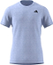 This adidas Men's Freelift Badminton T-Shirt in Blue Dawn features a light blue color with a black triangular logo on the right chest. Designed for active men, it incorporates AEROREADY technology to manage moisture effectively. The simple crew neck design remains plain, making it ideal for badminton enthusiasts.