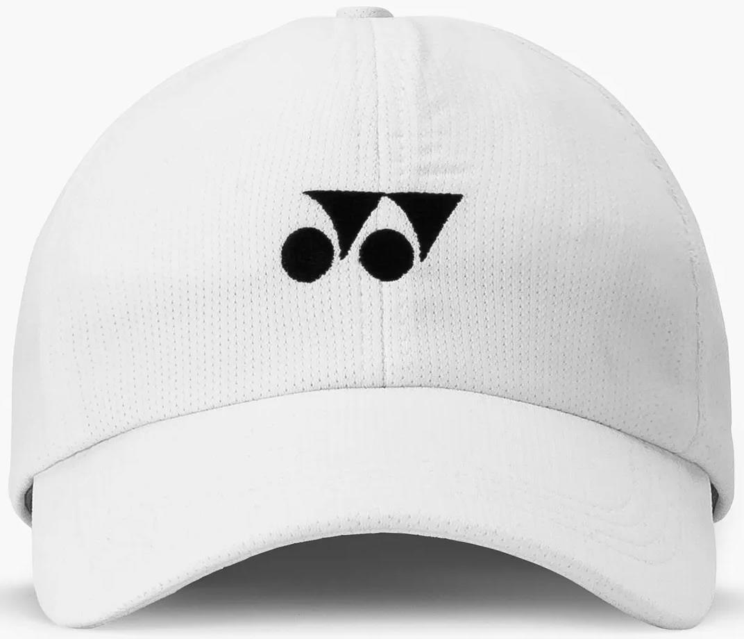The Yonex 40125EX Badminton Cap - White is a lightweight, breathable cap with a black Yonex logo featuring two circles and triangles on the front panel—perfect for badminton enthusiasts.