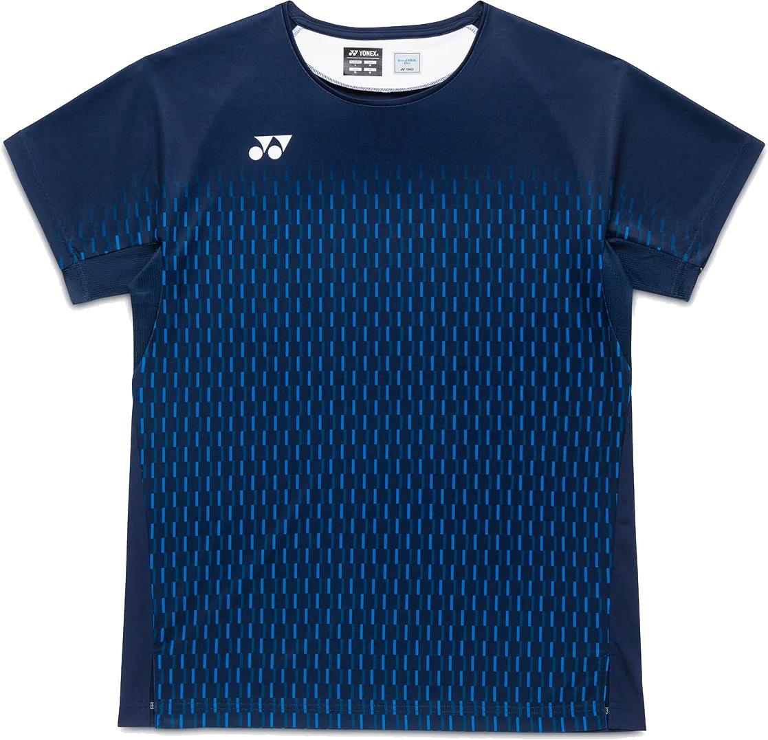 The Yonex 10713EX Crew Neck Men's Badminton T-Shirt in Dark Navy features moisture management fabric, vertical blue front lines, and a small white Yonex logo on the left chest.