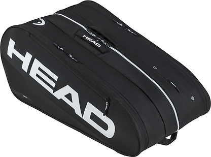 The HEAD Tour 12 Racket Badminton Bag XL in black features multiple zippered compartments, climate control tech, a white HEAD logo, and a sleek, sturdy design.