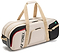 The Yonex BA72631WEX Gearlogic Tournament Badminton Bag in beige features multiple zippered compartments, tan handles and accents, and the Yonex logo on the side.