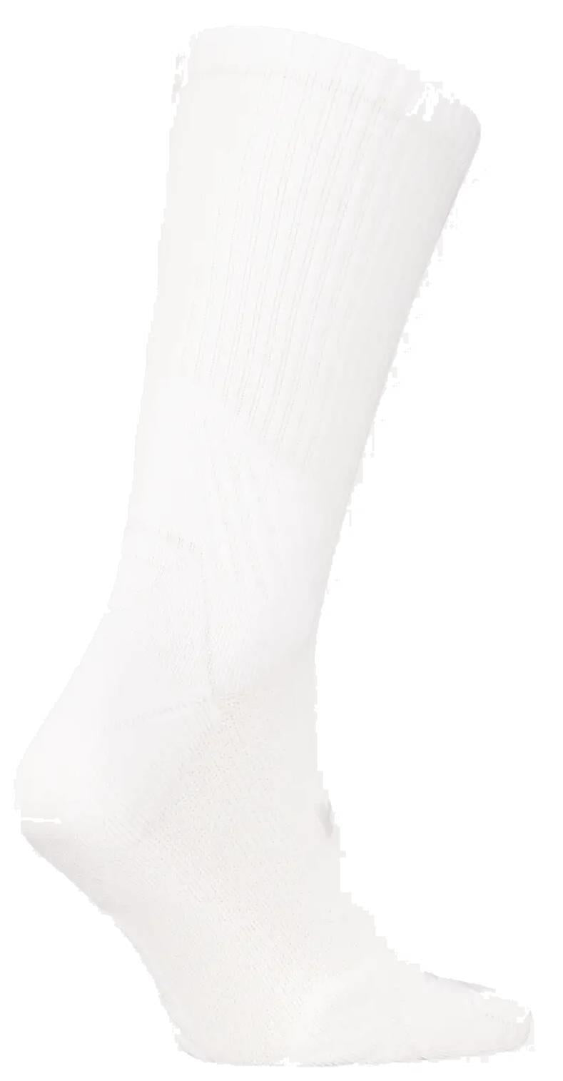 The HEAD Crew Badminton Socks - White feature ribbed detailing at the top, smooth moisture-wicking fabric, and zonal cushioning for comfort. Shown in white from the side.