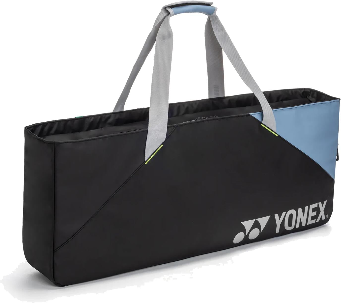 The Yonex BA52531EX Club Tournament Badminton Bag in Black/Blue features gray handles, a light blue accent, and a white Yonex logo—offering both style and function for any badminton player.