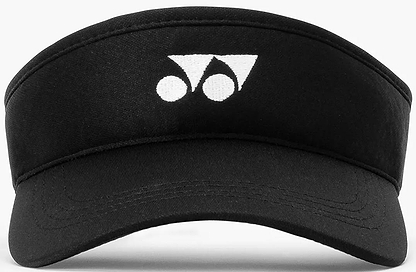 The Yonex 40126EX Badminton Visor in black features a white Yonex logo at the front, made from breathable polyester with an adjustable fit, displayed against a plain background.