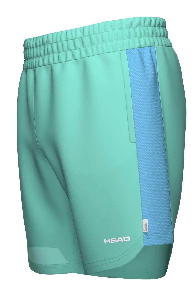HEAD Power Men's Badminton Shorts in turquoise by HEAD feature a wide elastic waistband, mesh-textured blue side panel, and a white "HEAD" logo near the left hem—combining sporty style and comfort for tennis or training.