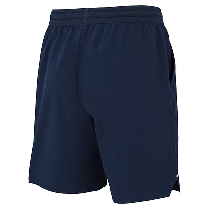 The Tecnifibre Team Stretch Men's Badminton Shorts in marine blue feature an elastic waistband and side pockets. These lightweight, stretch sports shorts from Tecnifibre are perfect for badminton, other activities, or casual wear.