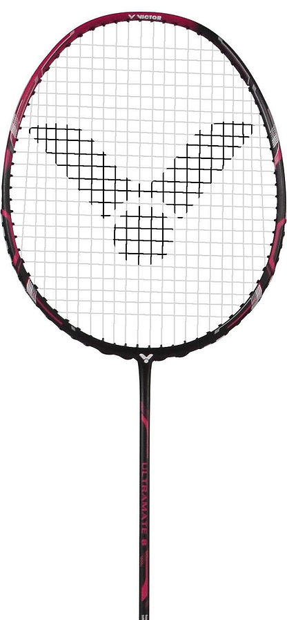 The Victor Ultramate 8 4U Badminton Racket features a stylish black and magenta frame and a black geometric logo at the string bed's center. With its head-heavy balance, it provides excellent power for a competitive edge.