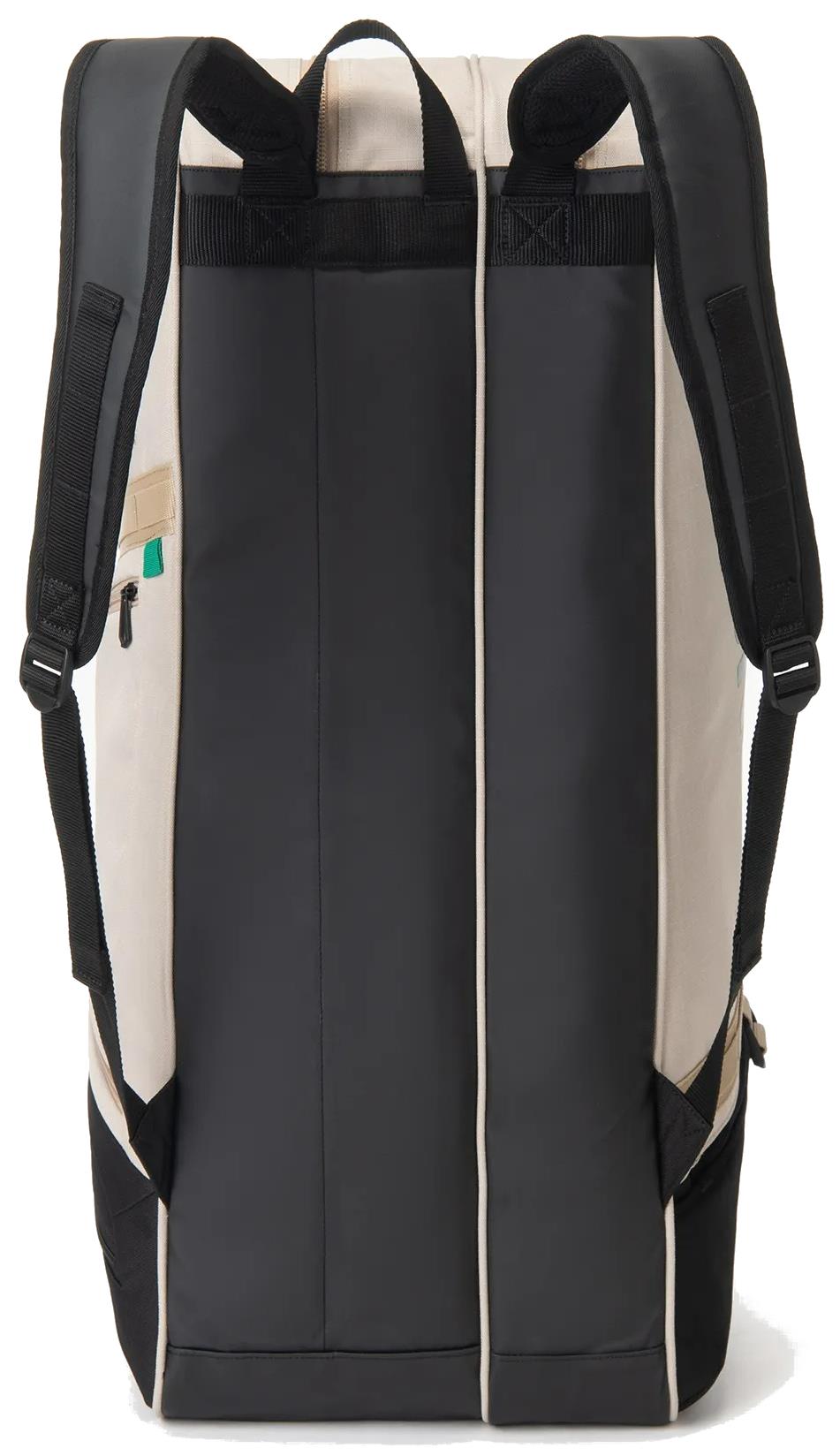 The Yonex BA72626EX Gearlogic 6 Racket Badminton Bag in beige is shown upright with its back panel and padded shoulder straps visible. Made from recycled polyester, it features a top handle and side pockets for storage.