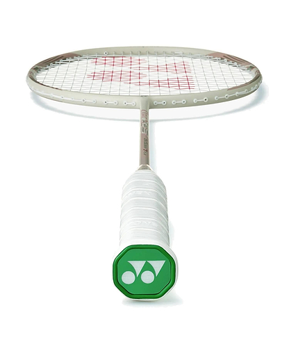 A Yonex Arcsaber 7 Play 4U Badminton Racket - Light Beige is shown lying flat with the handle facing the camera, highlighting its green end cap, white grip, and distinctive ISOMETRIC frame design in the background.