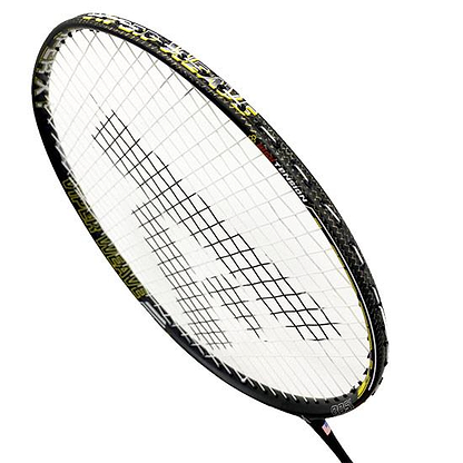 A close-up of the Ashaway Viper XT-1500 Badminton Racket in black, with white strings and advanced Viper Weave technology by Ashaway, shown against a plain white background.