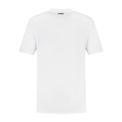 The K-Swiss Hypercourt Basic Crew Men's Badminton T-Shirt in white is displayed from the back, highlighting its smooth fabric and featuring a subtle "K-Swiss" logo near the neckline. This Hypercourt-inspired design enhances the T-shirt's clean and classic appearance against the white backdrop.