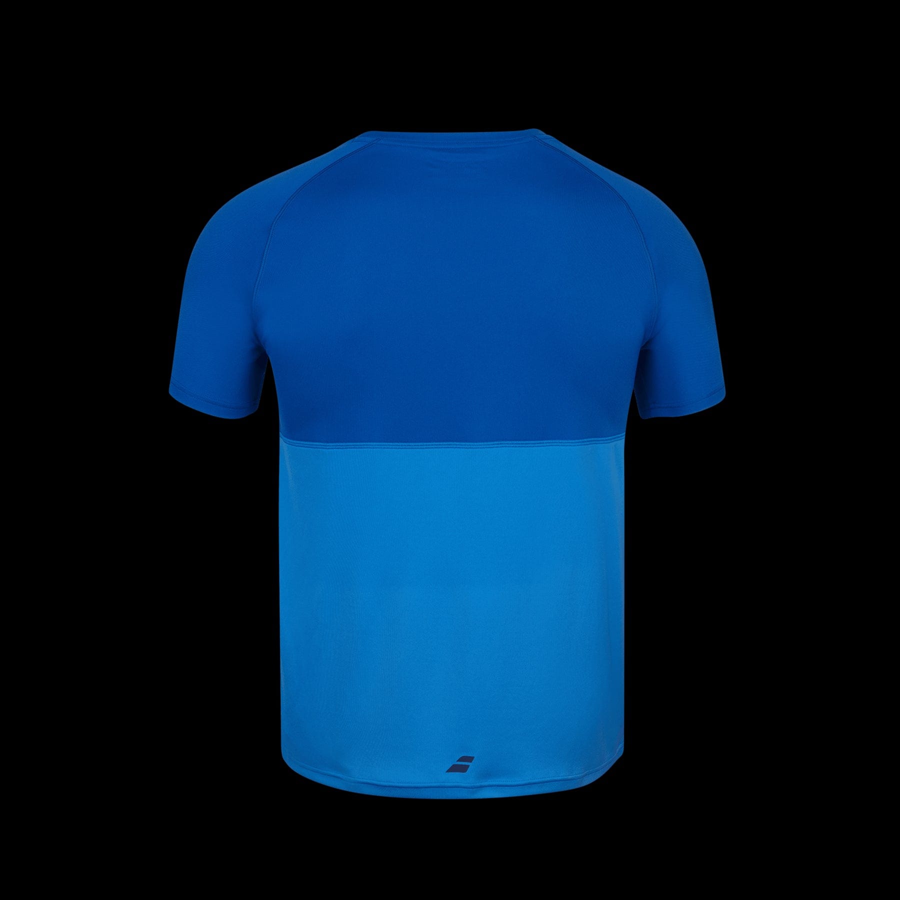 Explore the Babolat Play Crew Neck Men's Badminton T-Shirt in Blue Aster, a short-sleeved athletic shirt made from Fiber Dry-polyester. This stylish piece features a two-tone blue design with a darker shade on top transitioning to a lighter hue at the bottom. The minimalist back and subtle logo near the hem make it an ideal addition to your sportswear collection.