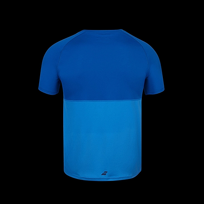 Explore the Babolat Play Crew Neck Men's Badminton T-Shirt in Blue Aster, a short-sleeved athletic shirt made from Fiber Dry-polyester. This stylish piece features a two-tone blue design with a darker shade on top transitioning to a lighter hue at the bottom. The minimalist back and subtle logo near the hem make it an ideal addition to your sportswear collection.
