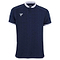 The Tecnifibre Men's Team Badminton Mesh Polo Shirt in marine blue showcases a subtle geometric pattern and ensures maximum breathability with its polyester mesh construction. It is designed with short sleeves and features white detailing on the collar and cuffs, along with a small white logo situated on the left chest.