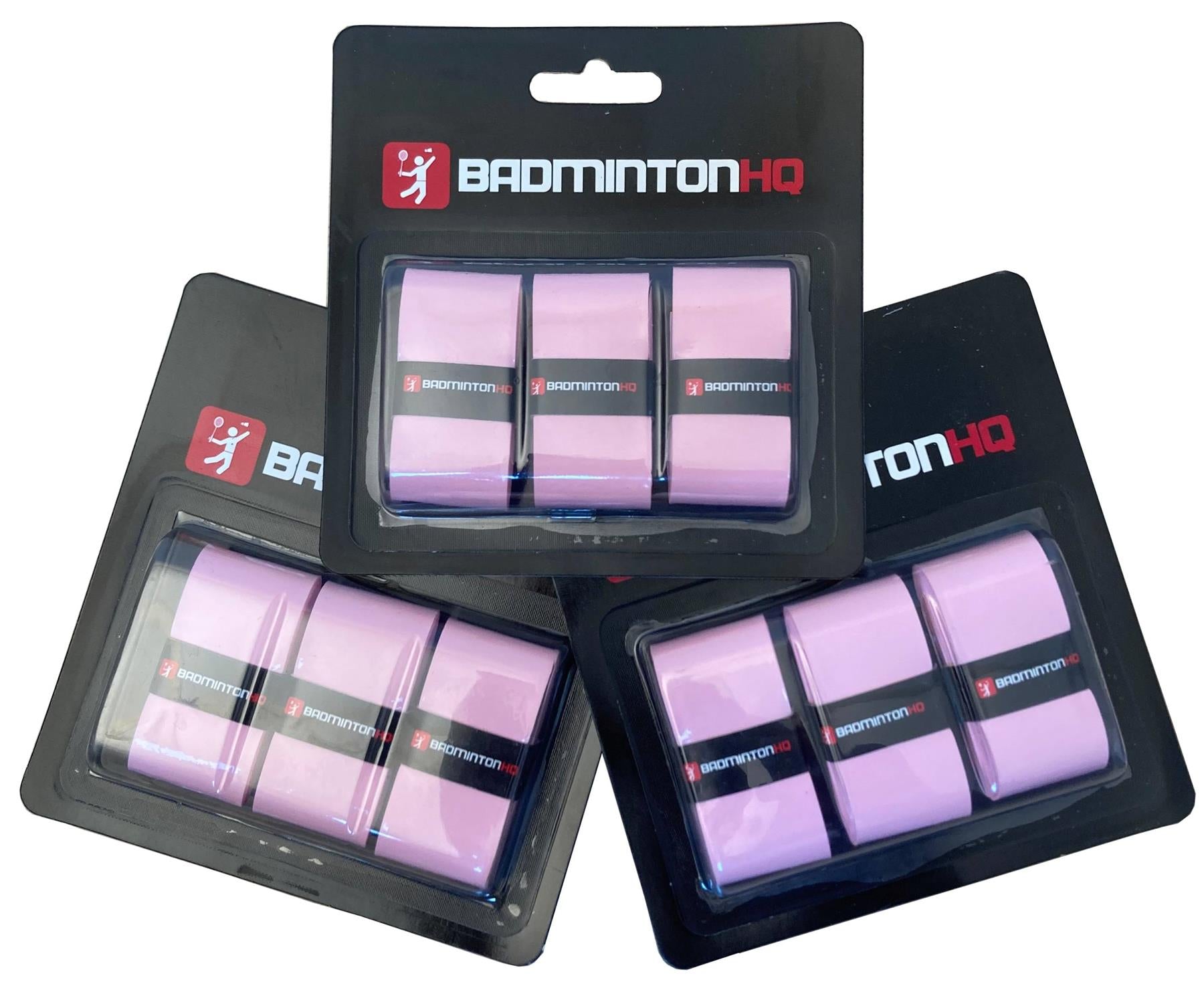 Three BadmintonHQ 3 Pack Badminton Overgrips in pink, each pack containing three tacky grips in black packaging with a red and white logo. Packs are slightly overlapping—perfect for improved sweat absorption and control.