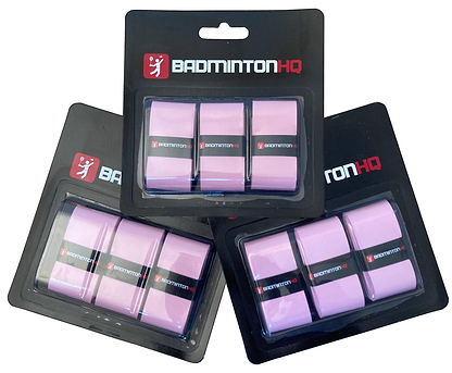 Three BadmintonHQ 3 Pack Badminton Overgrips in pink, each pack containing three tacky grips in black packaging with a red and white logo. Packs are slightly overlapping—perfect for improved sweat absorption and control.