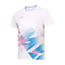 The Li-Ning Diamond Gradient Men's Badminton T-Shirt in white features an abstract geometric design with pink and blue triangle patterns on the front. Its quick-dry, moisture-wicking fabric offers comfort on or off the court.