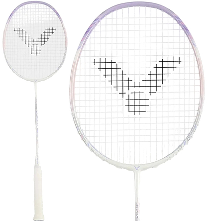 The Victor Thruster K 66 AJ 7U Badminton Racket in White/Purple by Victor is displayed from two angles: a full view and a head close-up, featuring black logo strings and a grip wrapped in white tape.