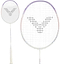 The Victor Thruster K 66 AJ 7U Badminton Racket in White/Purple by Victor is displayed from two angles: a full view and a head close-up, featuring black logo strings and a grip wrapped in white tape.