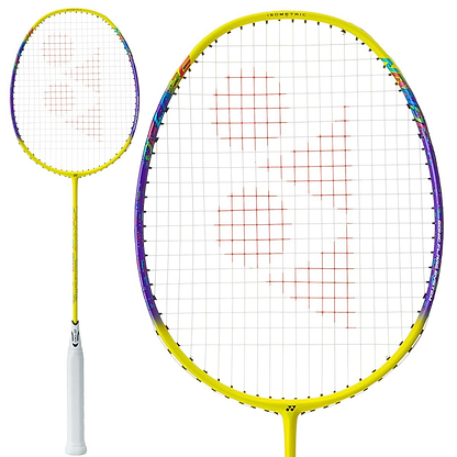 The Yonex Nanoflare 002 Clear 4U Badminton Racket - Yellow features a vibrant yellow design, a white handle, and colorful accents. Equipped with ISOMETRIC™ technology and orange-lined strings on its large circular head, the racket's head-light structure is shown in full view and close-up.