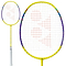 The Yonex Nanoflare 002 Clear 4U Badminton Racket - Yellow features a vibrant yellow design, a white handle, and colorful accents. Equipped with ISOMETRIC™ technology and orange-lined strings on its large circular head, the racket's head-light structure is shown in full view and close-up.