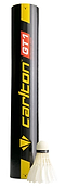 A black Carlton GT1 tube with yellow and red text stands upright beside a white feather shuttlecock. The set of 12 Carlton GT1 Badminton Feather Shuttles is ideal for pro players seeking tournament-grade quality.