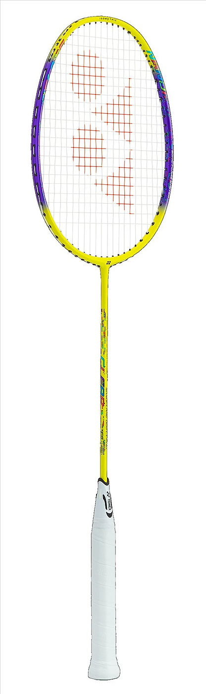 Introducing the Yonex Nanoflare 002 Clear 4U Badminton Racket in Yellow, featuring a vibrant yellow and purple design with a white grip. Orange brand logos adorn the strings, while ISOMETRIC™ technology boosts performance. The colorful frame and branded shaft pop against the plain white background.