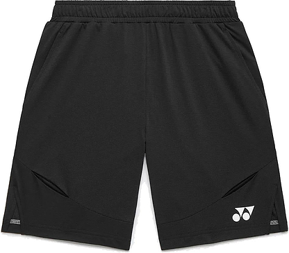 The Yonex 15239YX Knit Men's Badminton Shorts in black feature an elastic waistband, two front pockets, and a white Yonex logo near the hem—lightweight and ideal for men's badminton matches or training.