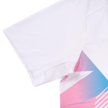 The Li-Ning Diamond Gradient Mens Badminton T-Shirt in white showcases a geometric design with pink and blue triangles. It features breathable perforated sleeves and moisture-wicking, quick-dry properties for superior comfort.