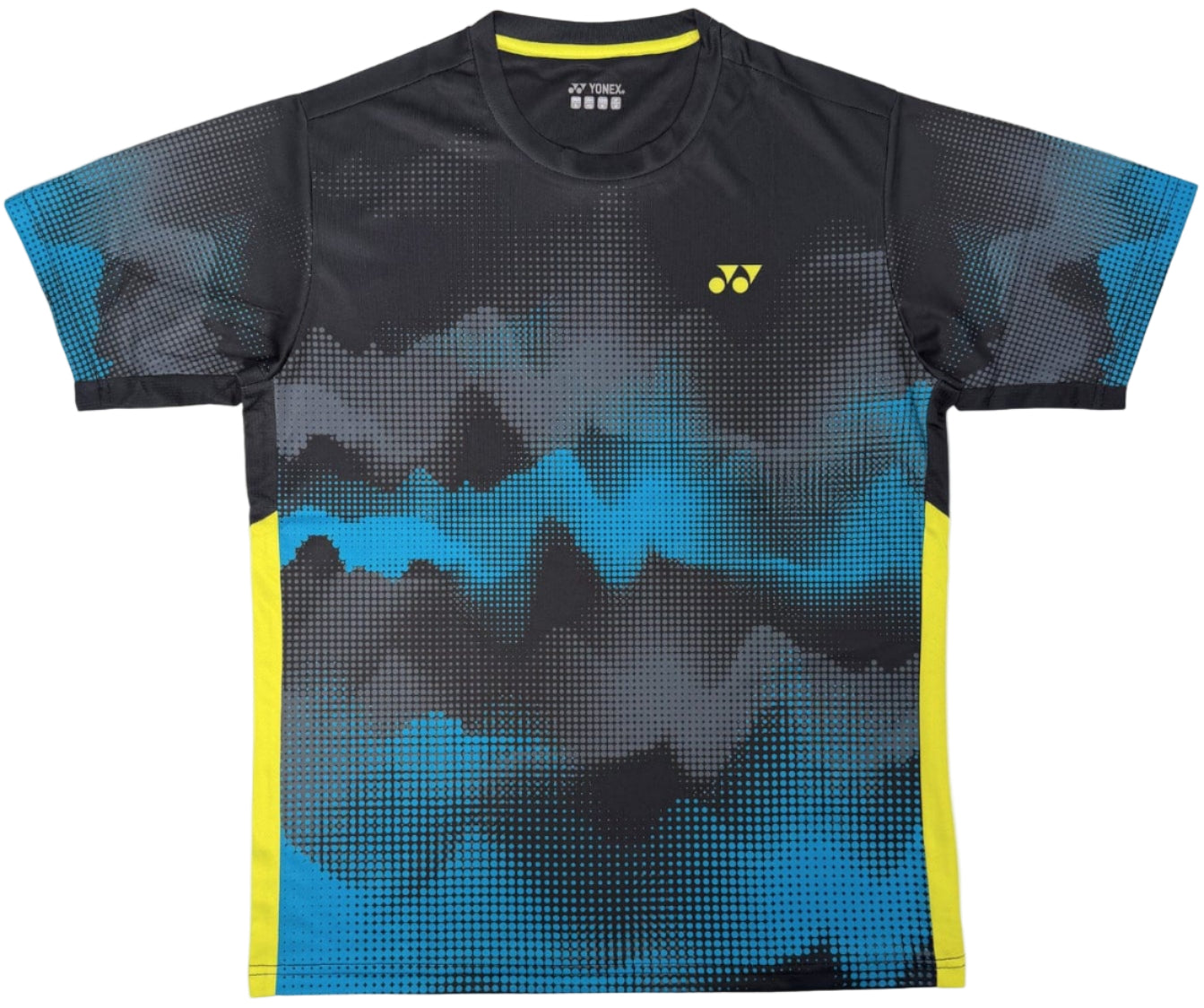 The Yonex YTM2025A Men's Badminton T-Shirt features a black base, blue abstract pattern, yellow side accents, and chest logo. Made with Quick-Dry tech for comfort during play. Brand: Yonex.