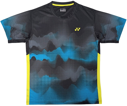 The Yonex YTM2025A Men's Badminton T-Shirt features a black base, blue abstract pattern, yellow side accents, and chest logo. Made with Quick-Dry tech for comfort during play. Brand: Yonex.