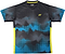 The Yonex YTM2025A Men's Badminton T-Shirt features a black base, blue abstract pattern, yellow side accents, and chest logo. Made with Quick-Dry tech for comfort during play. Brand: Yonex.