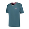 The K-Swiss Hypercourt Mesh Crew 4 Men's Badminton T-Shirt in Stargazer combines short sleeves and a teal hue, featuring a subtle pink and white striped shield logo on the chest with a pink accent inside the collar—ideal for badminton enthusiasts who appreciate style in their attire.