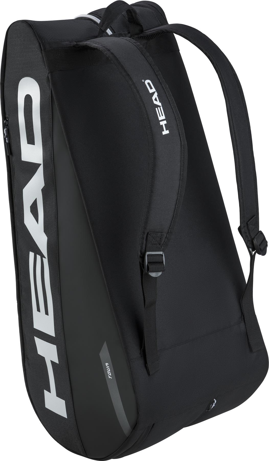 A black HEAD Tour 9 Racket Badminton Bag L features bold white "HEAD" branding on the side, padded shoulder straps, and CCT+ climate control technology, shown at an angle against a plain background.