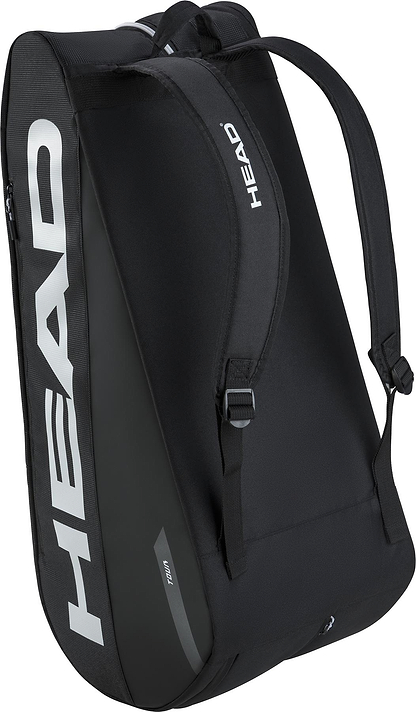 A black HEAD Tour 9 Racket Badminton Bag L features bold white "HEAD" branding on the side, padded shoulder straps, and CCT+ climate control technology, shown at an angle against a plain background.