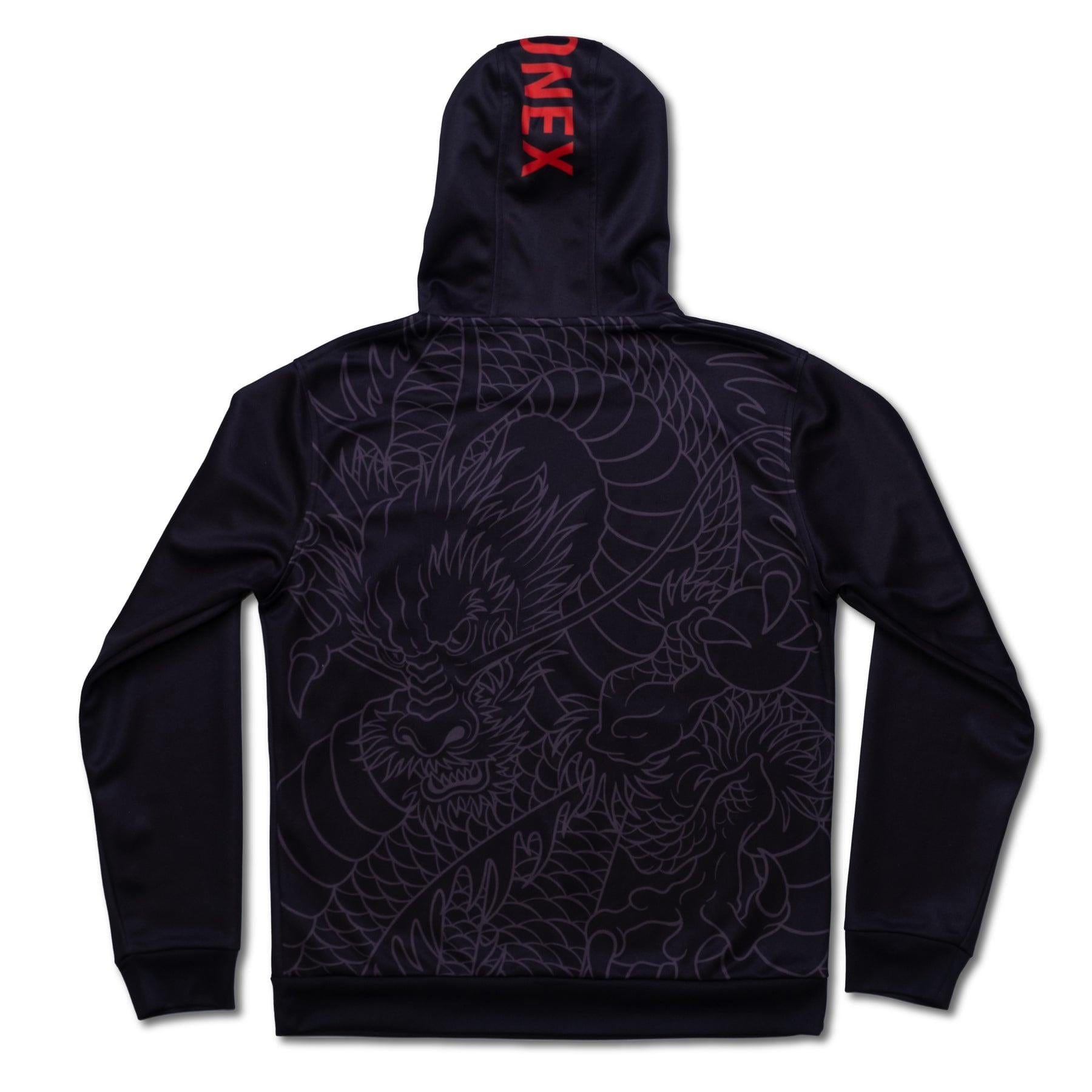 The Yonex CNY2024 Linear Dragon Unisex Badminton Hoodie in black features a striking embroidered dragon design on the back, embodying elegance and strength. The hood is adorned with bold red lettering for a vibrant accent. This hoodie is an ideal piece for celebrating the Chinese New Year.
