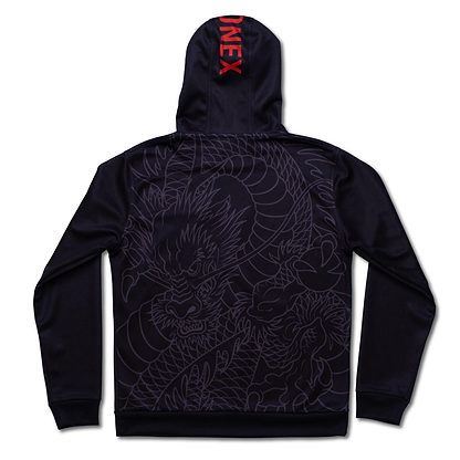 The Yonex CNY2024 Linear Dragon Unisex Badminton Hoodie in black features a striking embroidered dragon design on the back, embodying elegance and strength. The hood is adorned with bold red lettering for a vibrant accent. This hoodie is an ideal piece for celebrating the Chinese New Year.