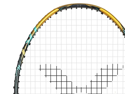 Close-up of the top half of the Victor Thruster F C Ultra X Badminton Racket by Victor, showcasing its gold and black frame with white strings and a head heavy balance, set against a plain white background.