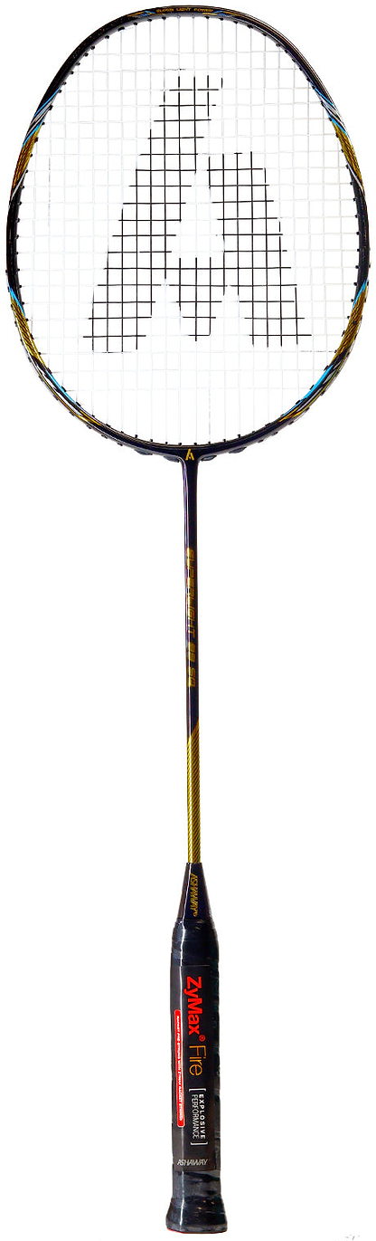 The Ashaway Superlight 99 SQ 5U Badminton Racket in gold black features white strings and a prominent "A" logo on the string bed, displayed upright against a white background.