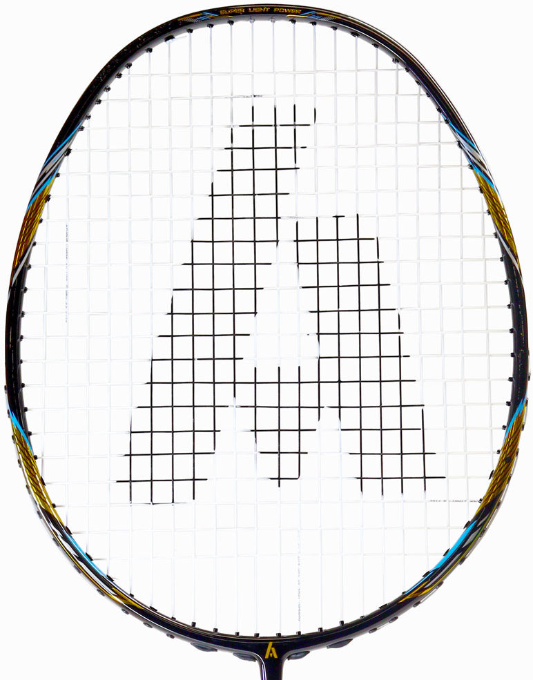 Close-up of the Ashaway Superlight 99 SQ 5U Badminton Racket - Gold Black, featuring a black and gold frame, white strings, and the signature black "A" logo centered on the racket head.