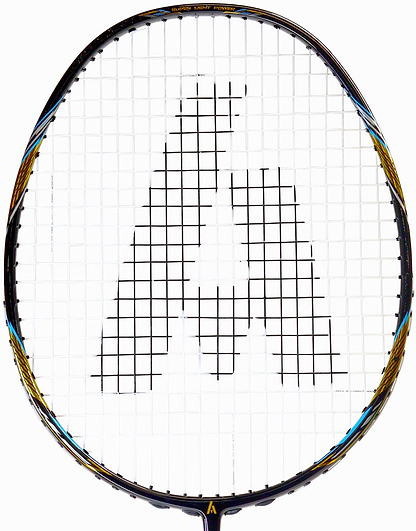 Close-up of the Ashaway Superlight 99 SQ 5U Badminton Racket - Gold Black, featuring a black and gold frame, white strings, and the signature black "A" logo centered on the racket head.
