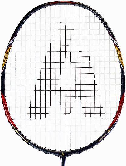 A close-up of the Ashaway Superlight T5 SQ Badminton Racket - Black Red, a lightweight racket with a red and black frame, yellow accents, and strings forming an "A" at the center.